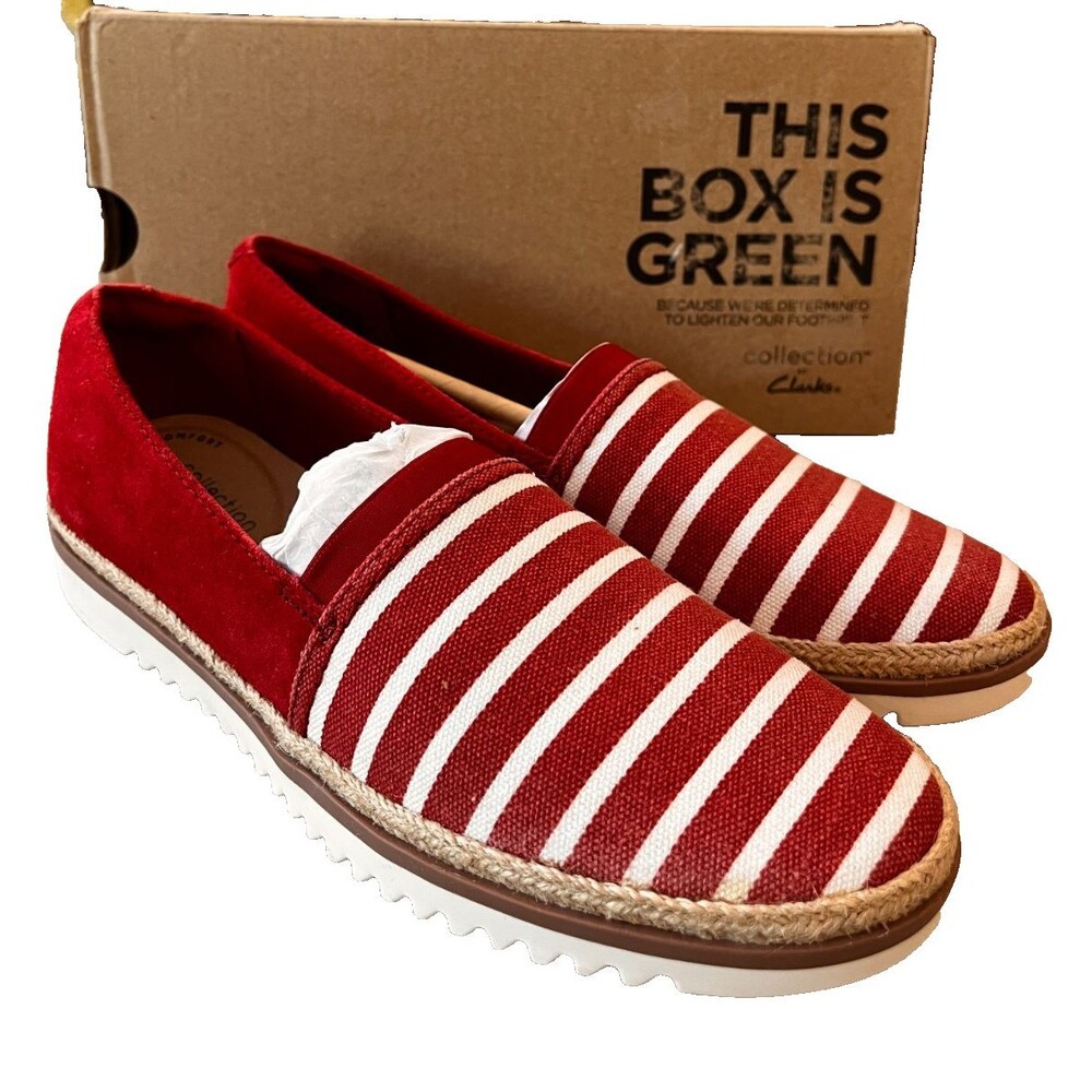 Clarks Red White Stripe Espadrille Slip On Flats Womens Size 7 N Narrow Shoes